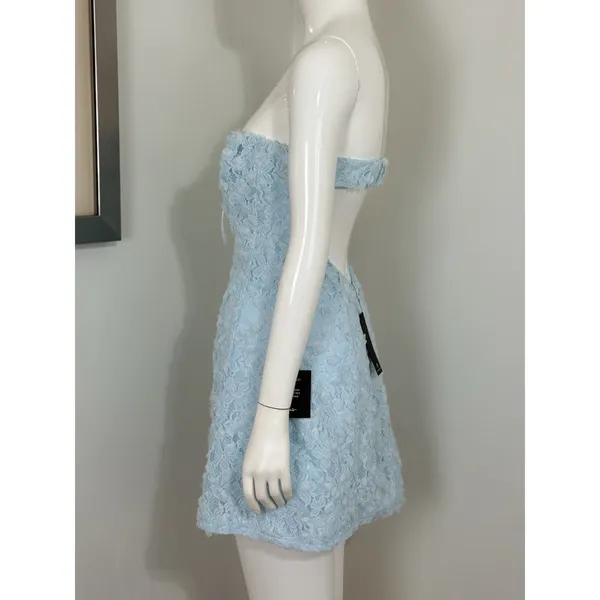 Lulus Light Blue Lace Mini Dress Strapless Backless 3D Floral Coquette NWT M - Image 7