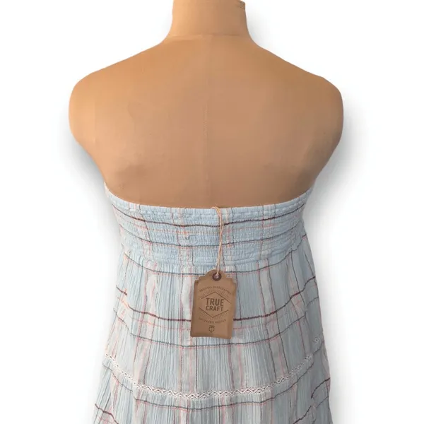 True Craft Plaid Gauze Strapless Mini Dress Baby Blue‎ Cottagecore Boho XL New - Image 8