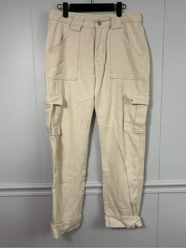 White Fox Off White Cream Textured Cargo Utility Pants Medium Rolled Cuffs Basic - Image 9