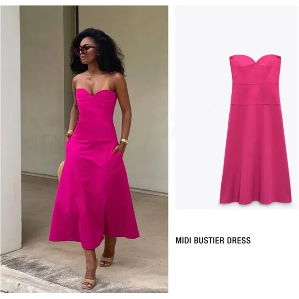 Zara Strapless Midi Dress in Vibrant Pink - Image 2