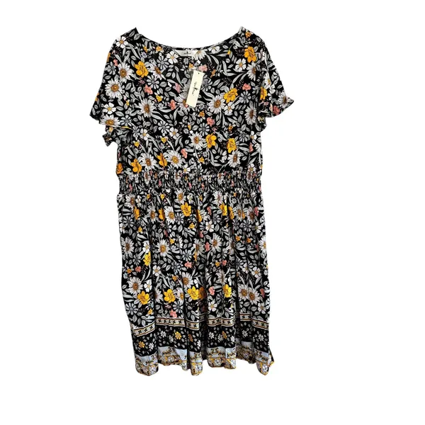 Agnes Orinda Womens 1X Floral Smocked Waist Midi Dress Black Daisy Boho 6351 - Image 7
