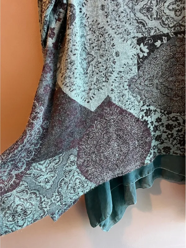 Tempo Paris Patchwork Asymmetrical Tunic Top | Sage Green Floral Layered Boho - Image 5