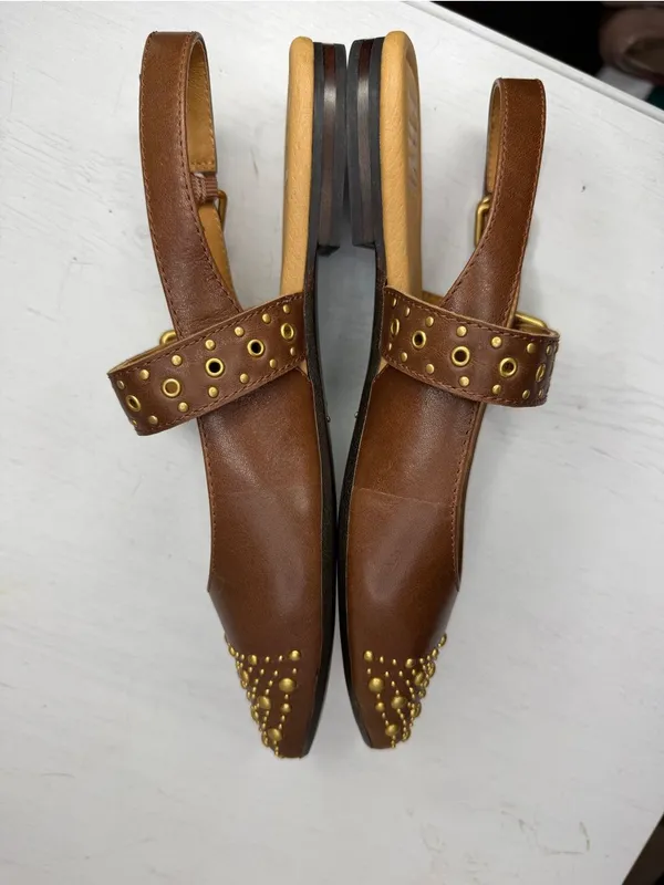 Frye HEATHER SLINGBACK STUDDED Flat Pointed gold & Walnut Leather - Image 3