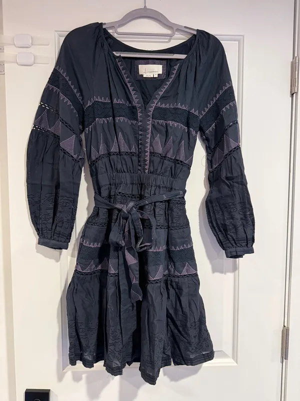 By Anthropologie Skye Embroidered Navy Blue Purple Tie Mini Dress Women's XS - Image 4