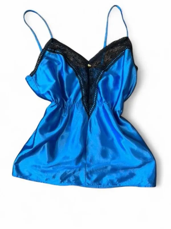 Vintage Sapphire Blue Satin Lace Cami Top Made USA Union Tag Size M - Image 2