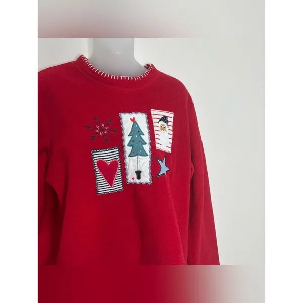 Vintage 90s Red Holiday Patch Fleece Sweater kids large women’s small festive - Image 2