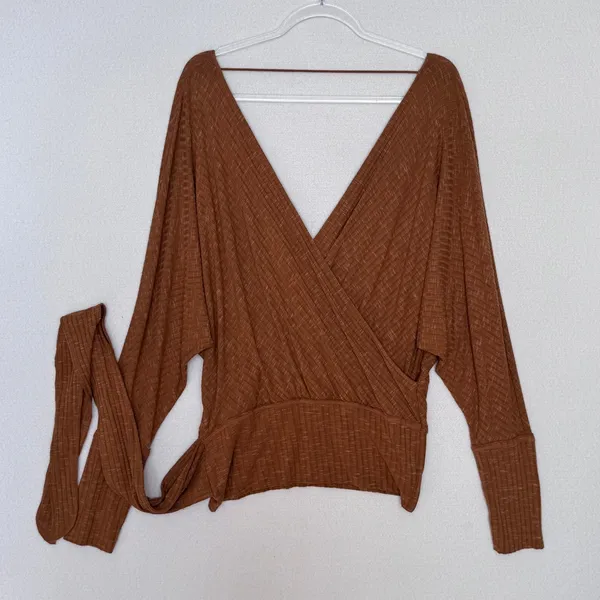 Free People East Coast Wrap Top Moroccan Spice Ribbed Knit Tie Waist NWT L - Image 16