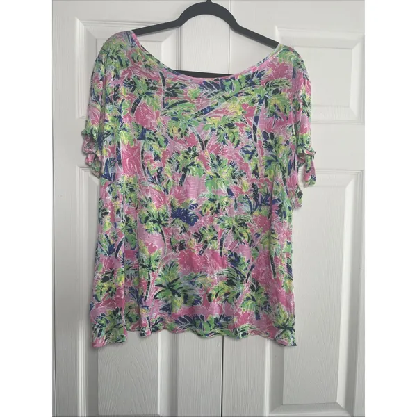 Casey Key Tropical‎ Palm Tree Top Womens 1X Pink Green Rayon Tie Sleeve Resort L - Image 6