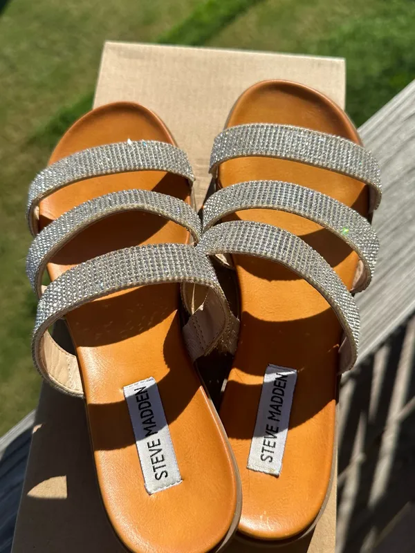 Steve Madden Crystal Triple-Strap Slide Sandal in Tan and Silver - Image 2