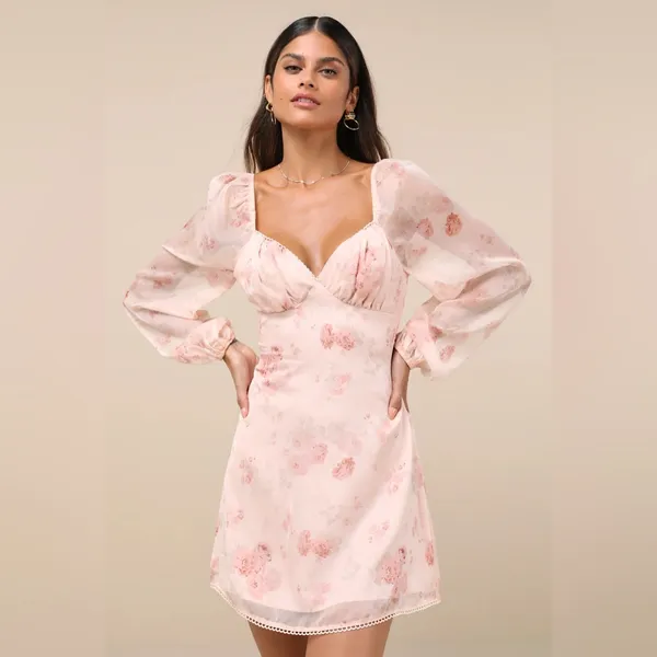 Lulu's Lovely Poise Light Pink Floral Tie Back Long Sleeve Mini Dress,Size XL - Image 5