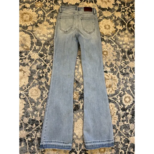 Hidden Happi High Rise Flare Jeans Size 24 Blue Light Wash Denim Stretch Raw Hem - Image 2