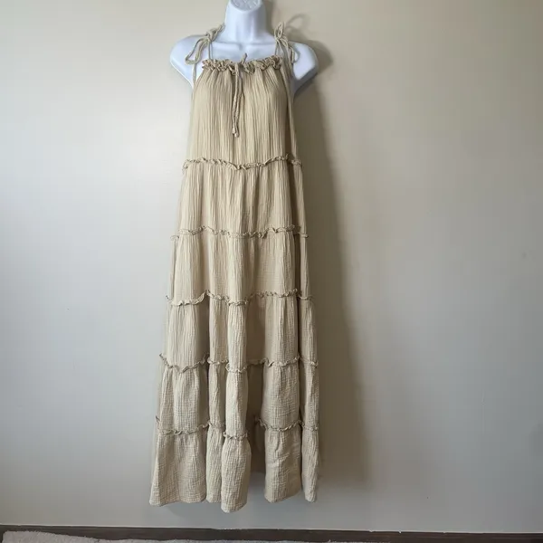 Anthropologie Charlie Holiday Senorita Maxi Dress Sz 8 Tan‎ Boho Tiered Sundress - Image 3