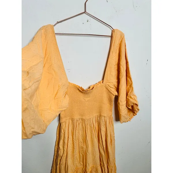 LOUNA Orange Square Neckline Puff Sleeves Chic Flowy Midi Dress size Medium - Image 5