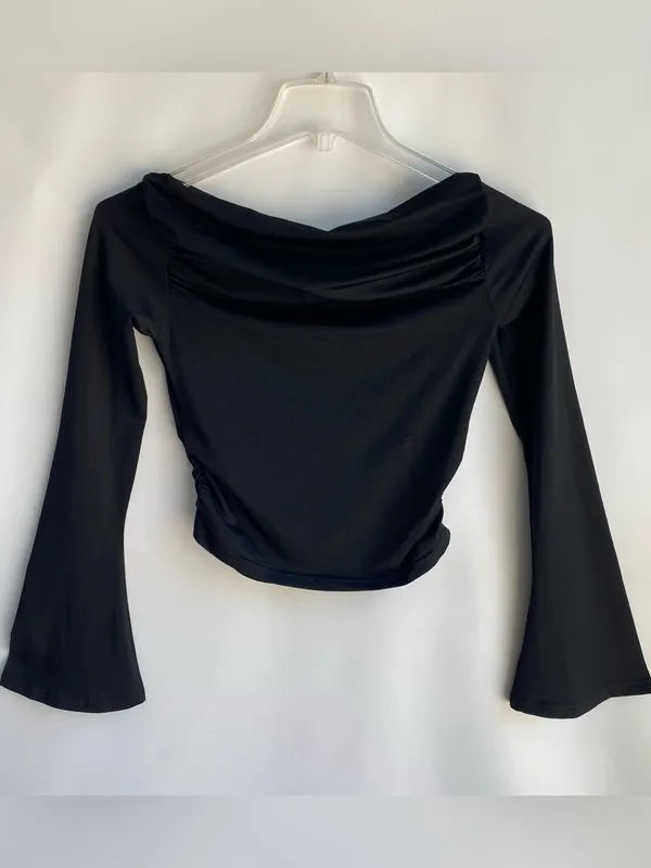 Edikted Dana gathered top off the shoulder ruched long bell sleeve going out M - Image 3