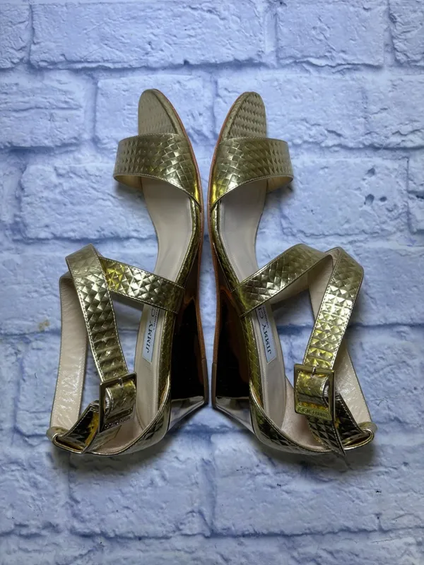 Jimmy Choo Gold Size 37 Slingback Sandals Quiet Luxury Snakeskin Leather Finish - Image 10