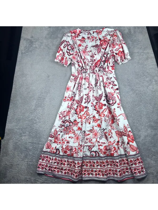 Floral V-Neck Midi Dress With Puff Sleeves & Ruffled Hem Red & White - Image 8
