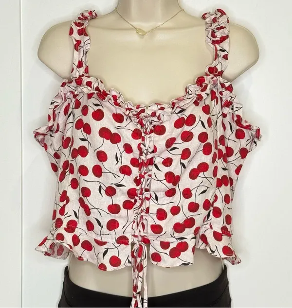 Reformation Bayley Cherry Linen Tank Top Lace Up Corset Ruffle Size 12 Coquette - Image 4