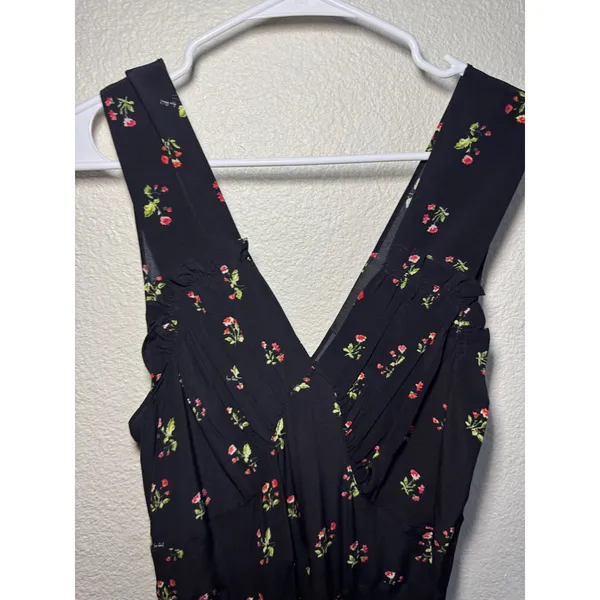 Realisation Par The Inez Black Strawberry Silk Floral Midi Dress V-Neck Size L - Image 3