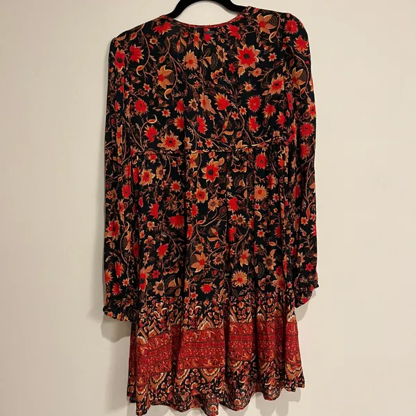 Billabong Dress Long Sleeve Mini Dress Dark Floral V Neck Red Black Medium - Image 3