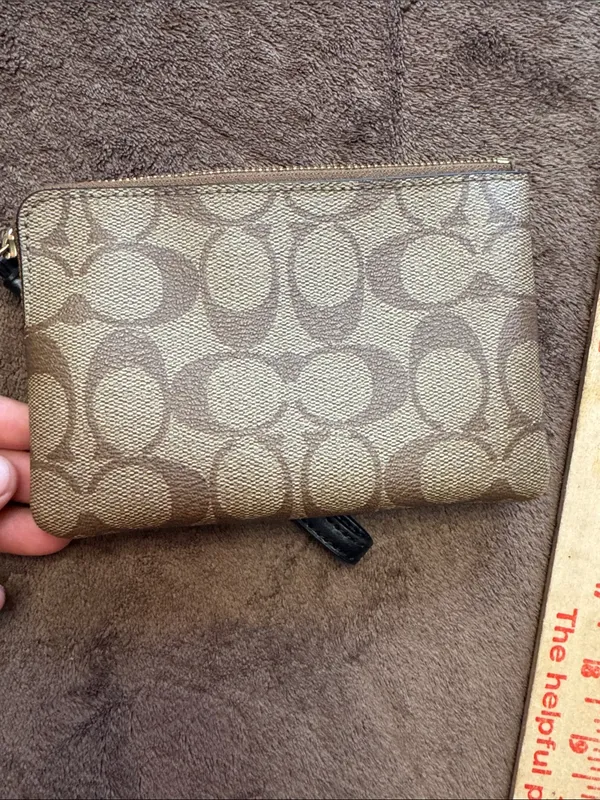 Coach Brown Signature Canvas Wristlet with Black Center Stripe - Image 7