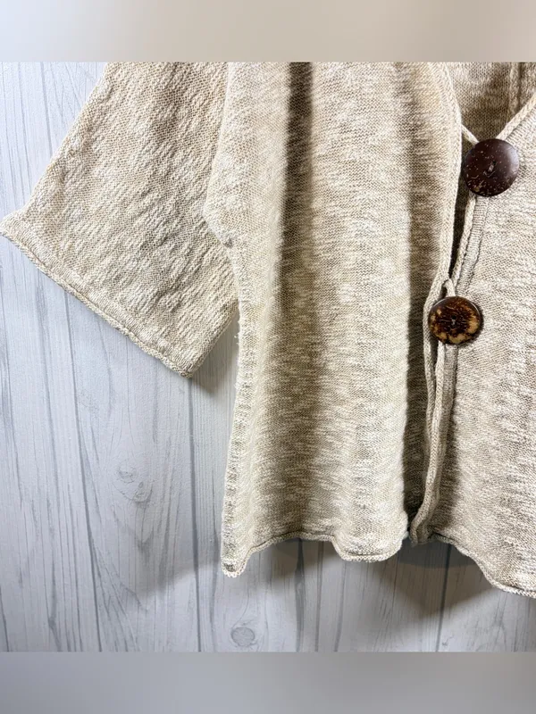 JM COLLECTION Oversized Beige Marled Knit Cardigan 1/2 Sleeve Boho Metallic, XL - Image 4
