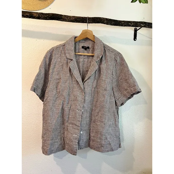 Quince 100% European Linen Gingham Brown Short Sleeve Blouse Top Size XL - Image 11