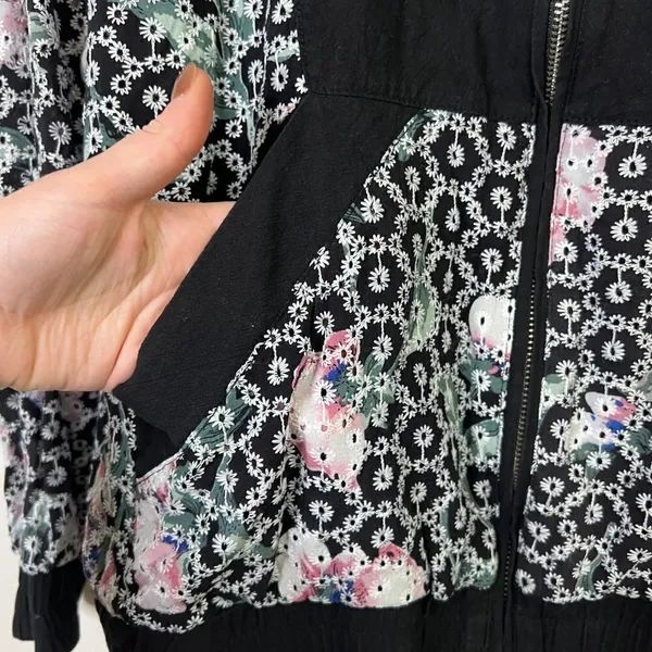 Entro Floral Embroidered Crochet Zip Up‎ Hoodie Hooded Sweatshirt 100% Cotton - Image 7