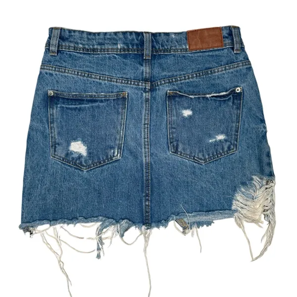 Zara Trafaluc‎ Denim Blue Jean Mini Skirt XS Raw Hem Distressed - Image 2