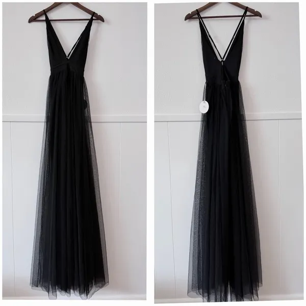 Black Tulle Maxi Dress Plunge Halter Open Back Slit Prom Evening Luxxel S NWT - Image 7
