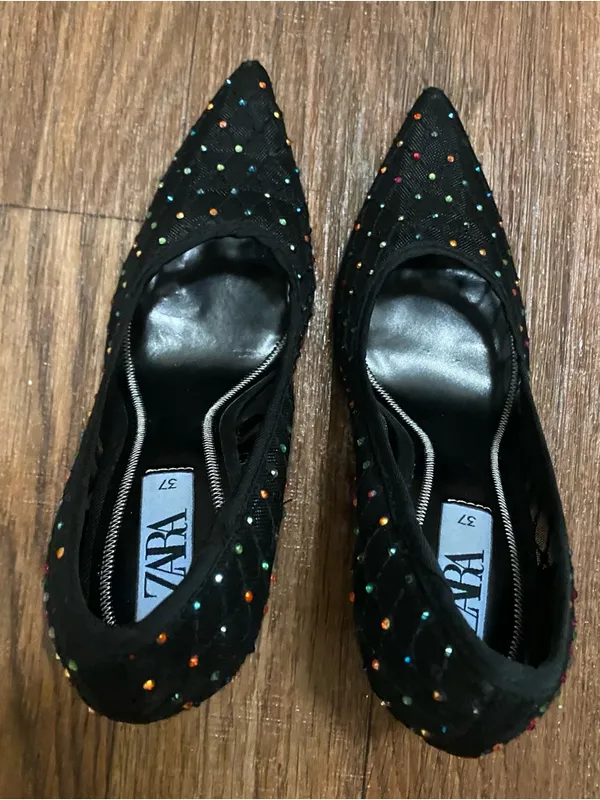 Zara Womens Black Mesh Pumps Heels Size 37 US 6.5 Multicolor Beading Beads - Image 11