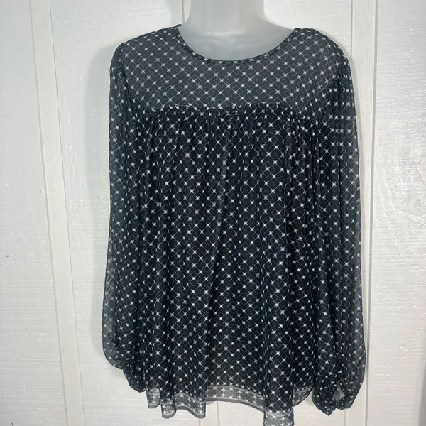 Max Studio Black Floral Sheer Long Sleeve Top Size Large EUC - Image 3