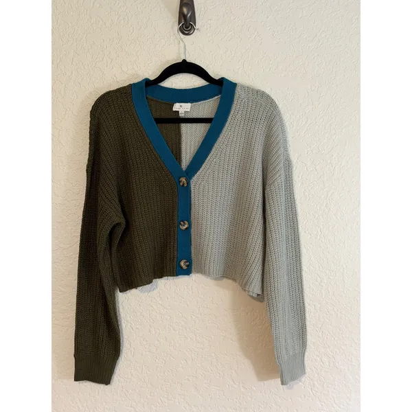 True Craft Cardigan Multicolor Green Blue L Women Colorblock Cropped Knit V-Neck - Image 8