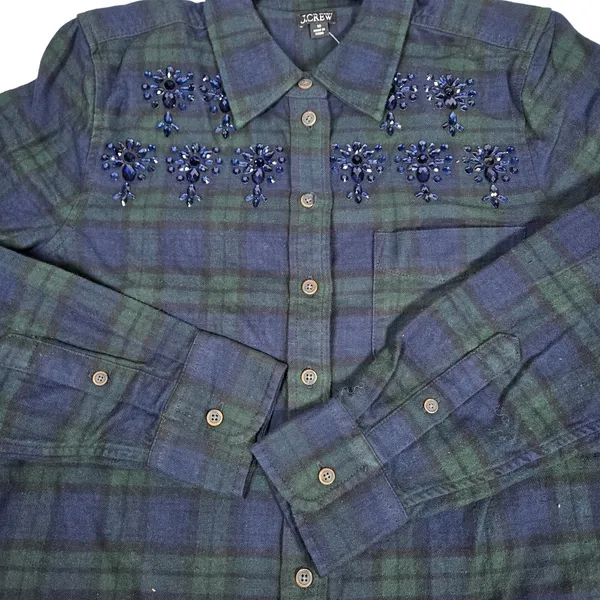 J Crew‎ Womens Plaid Flannel Shirt Blue Green Beaded Embellished Button Down 10 - Image 7