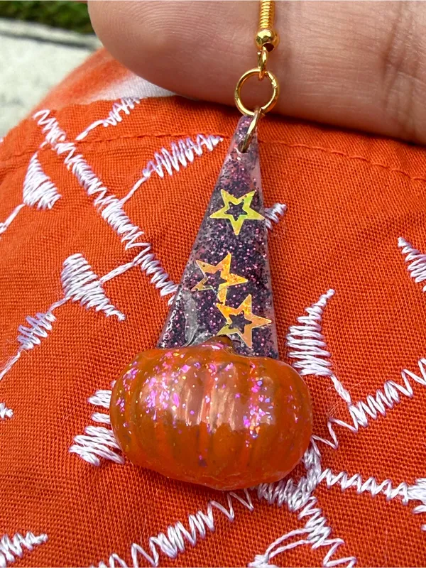 Halloween Witch Hat & Pumpkin Drop Earrings | Resin Fall Statement Jewelry - Image 3