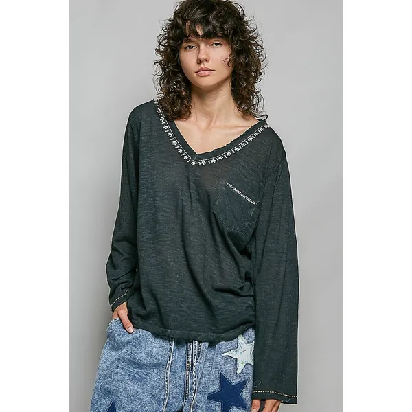 POL Contrast Stitch V-Neck Lightweight Knit Long Sleeve Top - Black - Large - Image 4