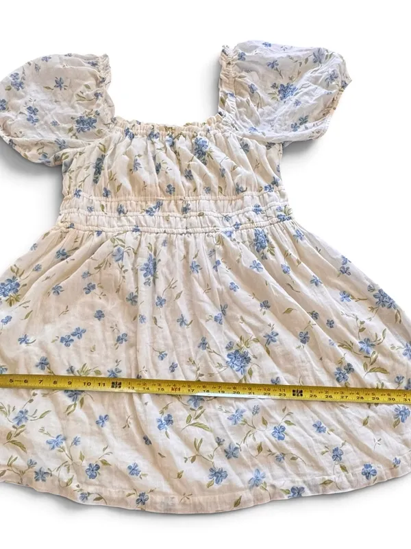 Cream Floral Puff-Sleeve BoHo flowery cottage core Dress with Blue Flowers - Image 7