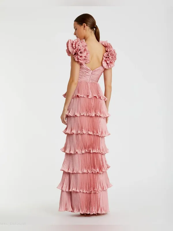 MAC DUGGAL Pink Pleated Charmeuse Tiered Gown With Ruffle Straps Size 8 - Image 3