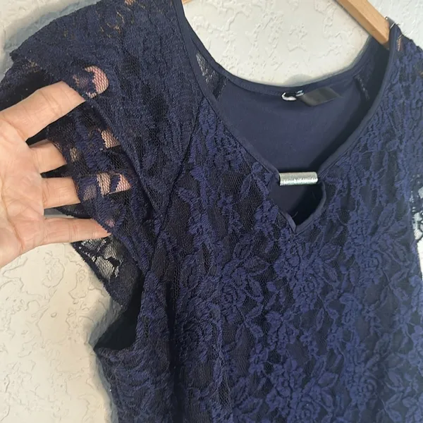 Witchy Lace Midnight Blue Top Flutter Sleeve Whimsigoth Goth Fall Halloween - Image 3