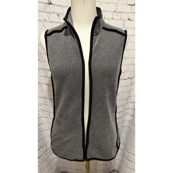 T By Talbots Full Zip Sleeveless Vest Black Striped Cotton Blend Size Small - Image 2