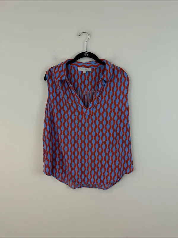 LOFT Sleeveless V-Neck Wave Print Top in Orange and Light Blue Size Large - Image 2