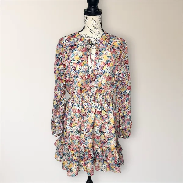 Zara Pink Blue Floral Ruffle Mini Dress Long Sleeve Smocked Tiered‎ Boho Travel - Image 2