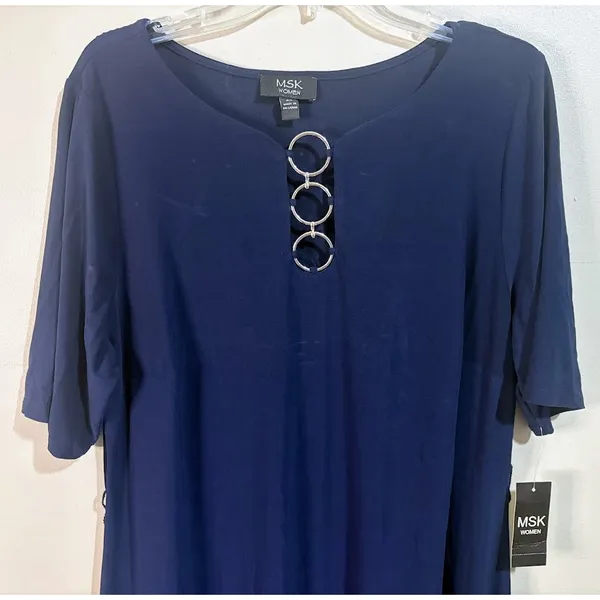 MSK Dress Women 2X Navy Blue NEW O-Ring Hardware Short Sleeve‎ Knee Length - Image 2