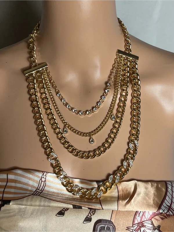 Source Unknown Gold Tone Layered Chain Statement Necklace Rhinestone Teardrop Bib - Image 2