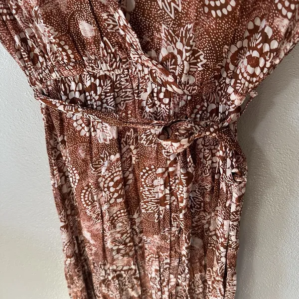 Rip Curl Dress Size Small Brown Ivory Floral Short Sleeve Wrap V-Neck Maxi‎ Boho - Image 4