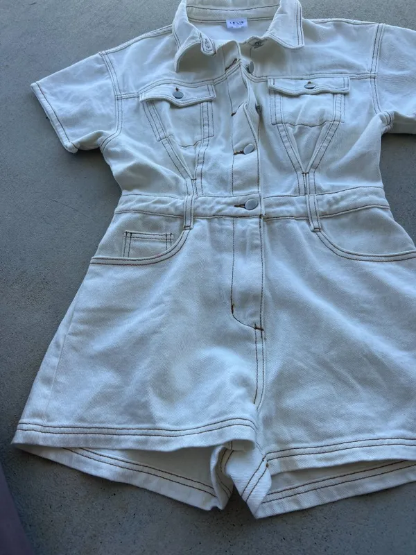 LELIS‎ Collection Off White Denim Romper Utility Belted Women’s Size S - Image 5