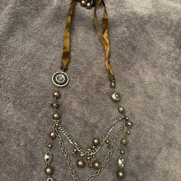 Paparazzi Multi-Chain Beaded Necklace in Ribbon and Silver with Earrings - Image 2