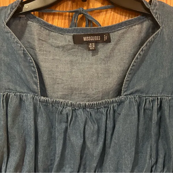 Missguided Tie Front Square Neck Volume Sleeve Denim Crop Top‎ Deep Blue Size 6 - Image 6