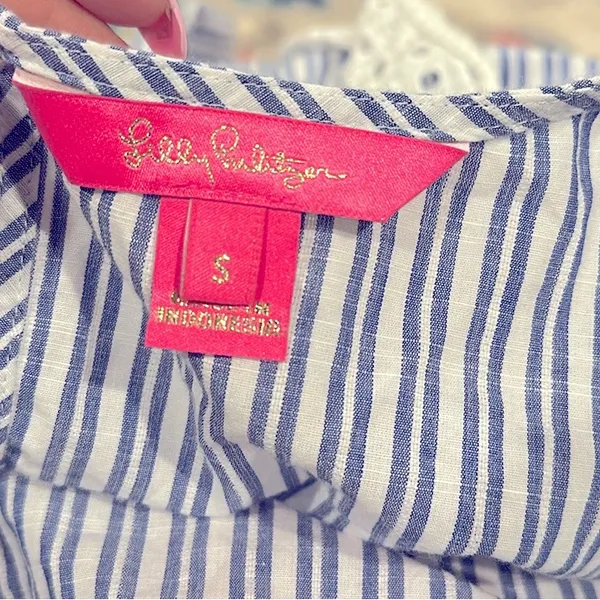 Lilly Pulitzer Ellis Blue Thistle Babydoll Peplum Ruffle Eyelet Stripe Top S - Image 5