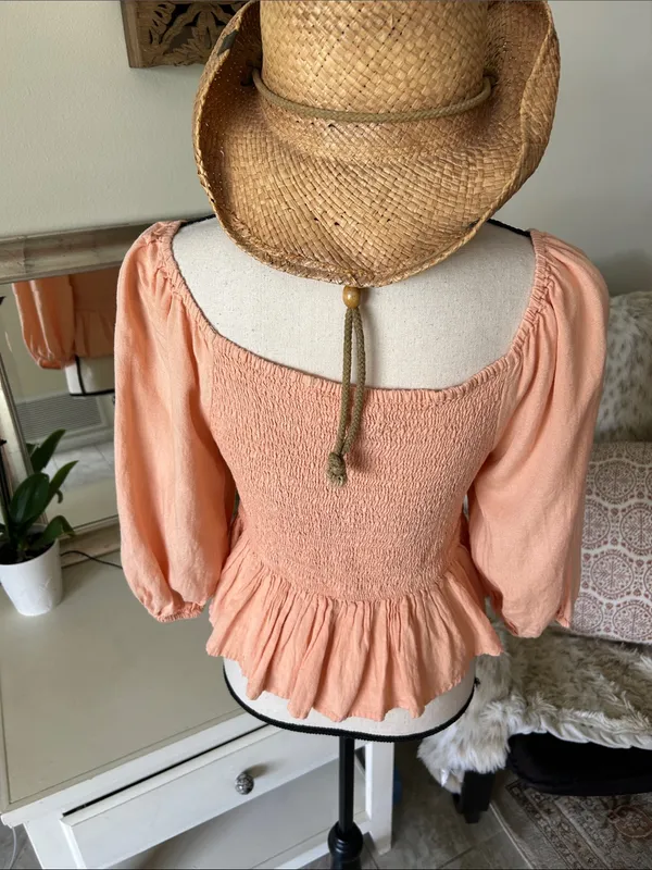Japna peach smocked peasant, Boho cottage, balloon 3/4 sleeve top M - Image 3