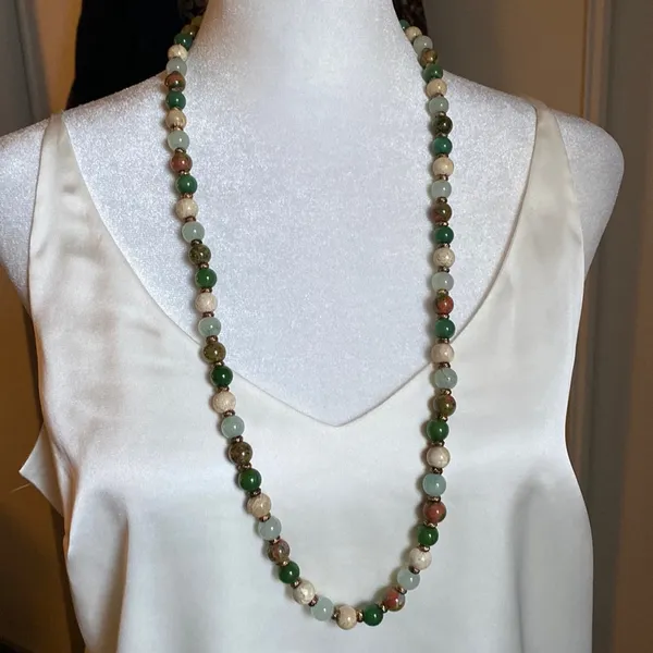 Long Mixed Jasper Agate Stone Bead Strand Necklace with Etched Copper Spacers - Image 2